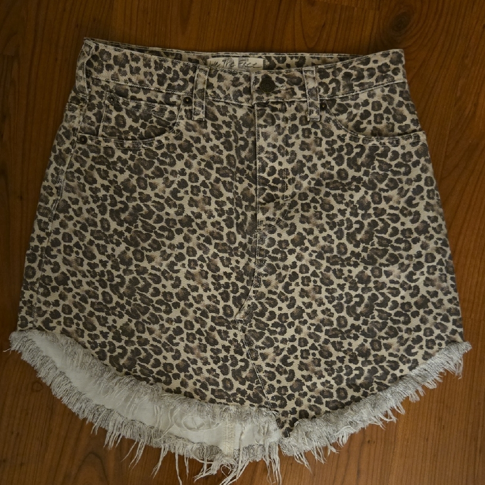 We The Free Raw Hem Denim Leopard Print Skirt Free People Size 25